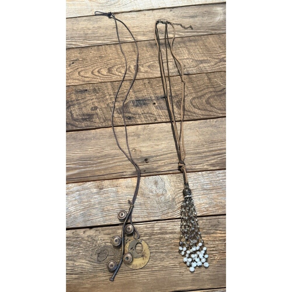 Two Boho Necklaces Long with Beads Brown Leather Moon Stars Pendant